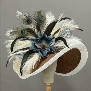 Custom made White and Brown with Blue Flower Derby Hat.